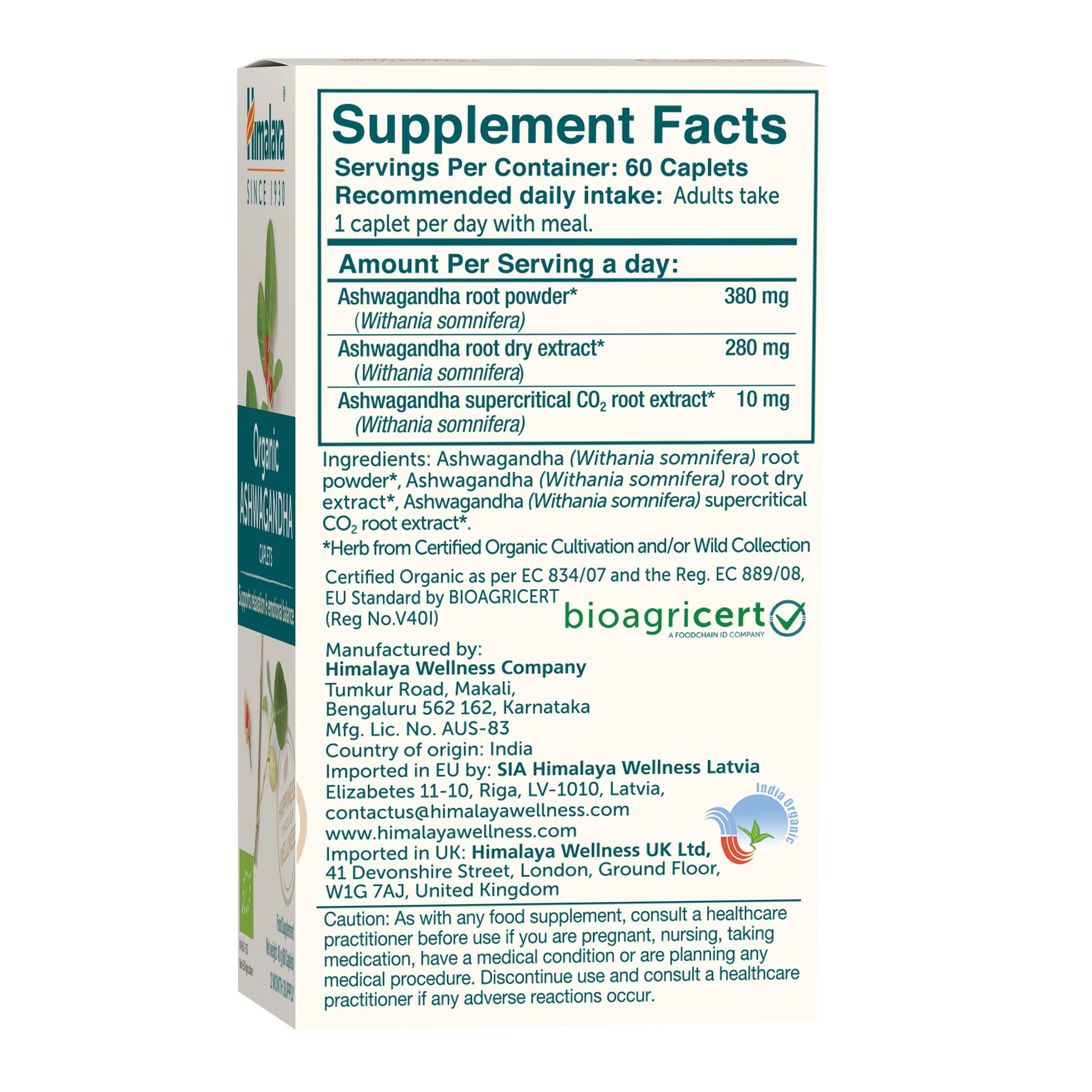 Himalaya Organic Ashwagandha 60 Caplets Ingredients